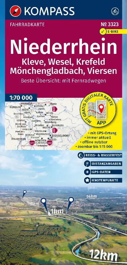 KOMPASS Fahrradkarte 3323 Niederrhein, Kleve, Wesel, Krefeld, Mönchengladbach, Viersen mit Knotenpunkten 1:70.000